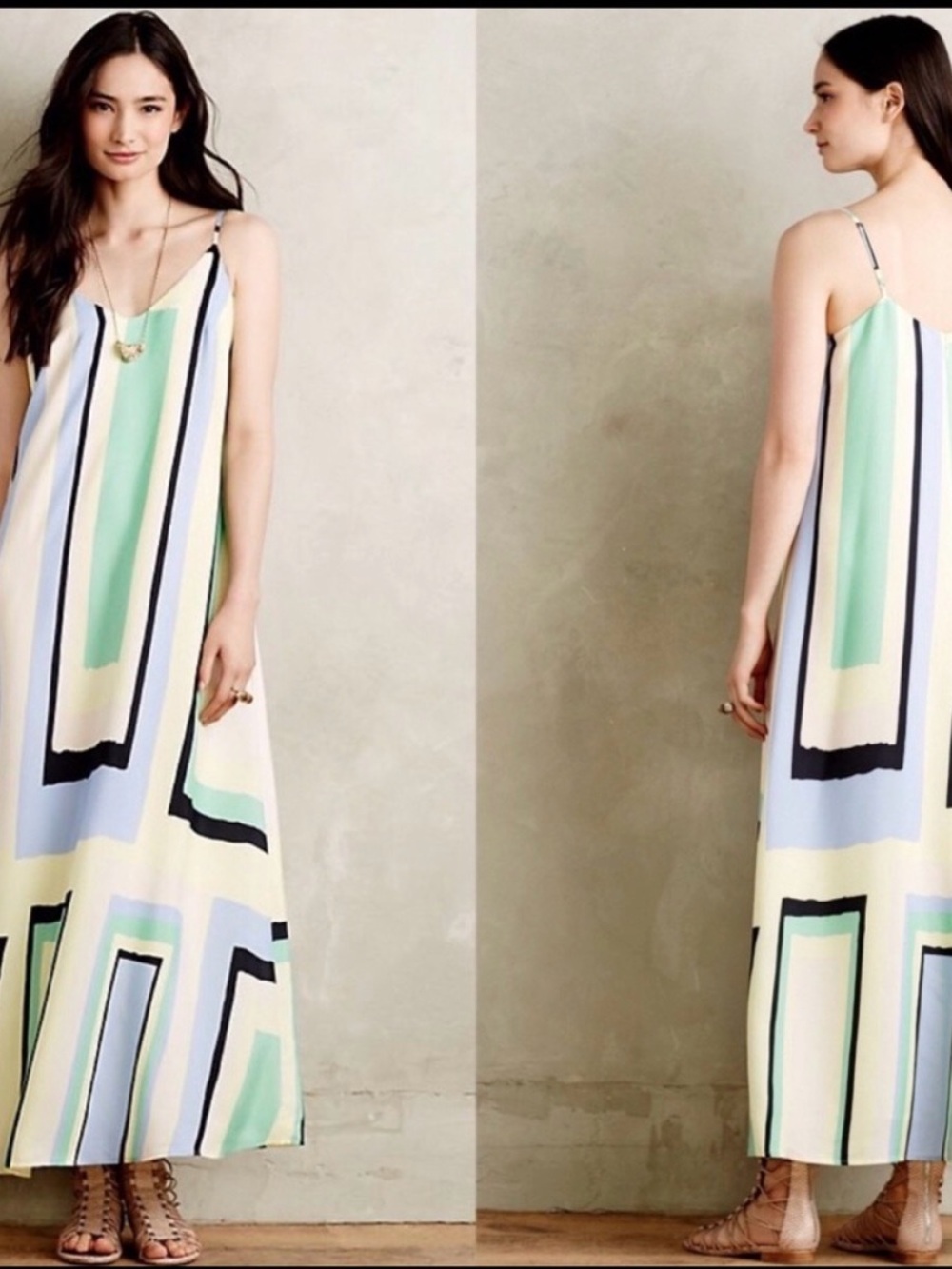 Anthropologie Maeve Sleeveless Geometric Stripe Maxi Dress - Mint/Blue